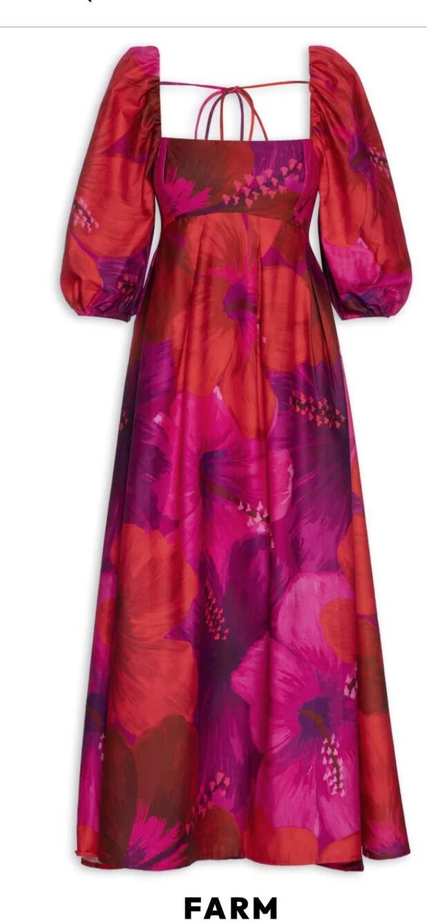 FARM Rio Pink and Red Tropical Floral Puff Sleeve Maxi Dress